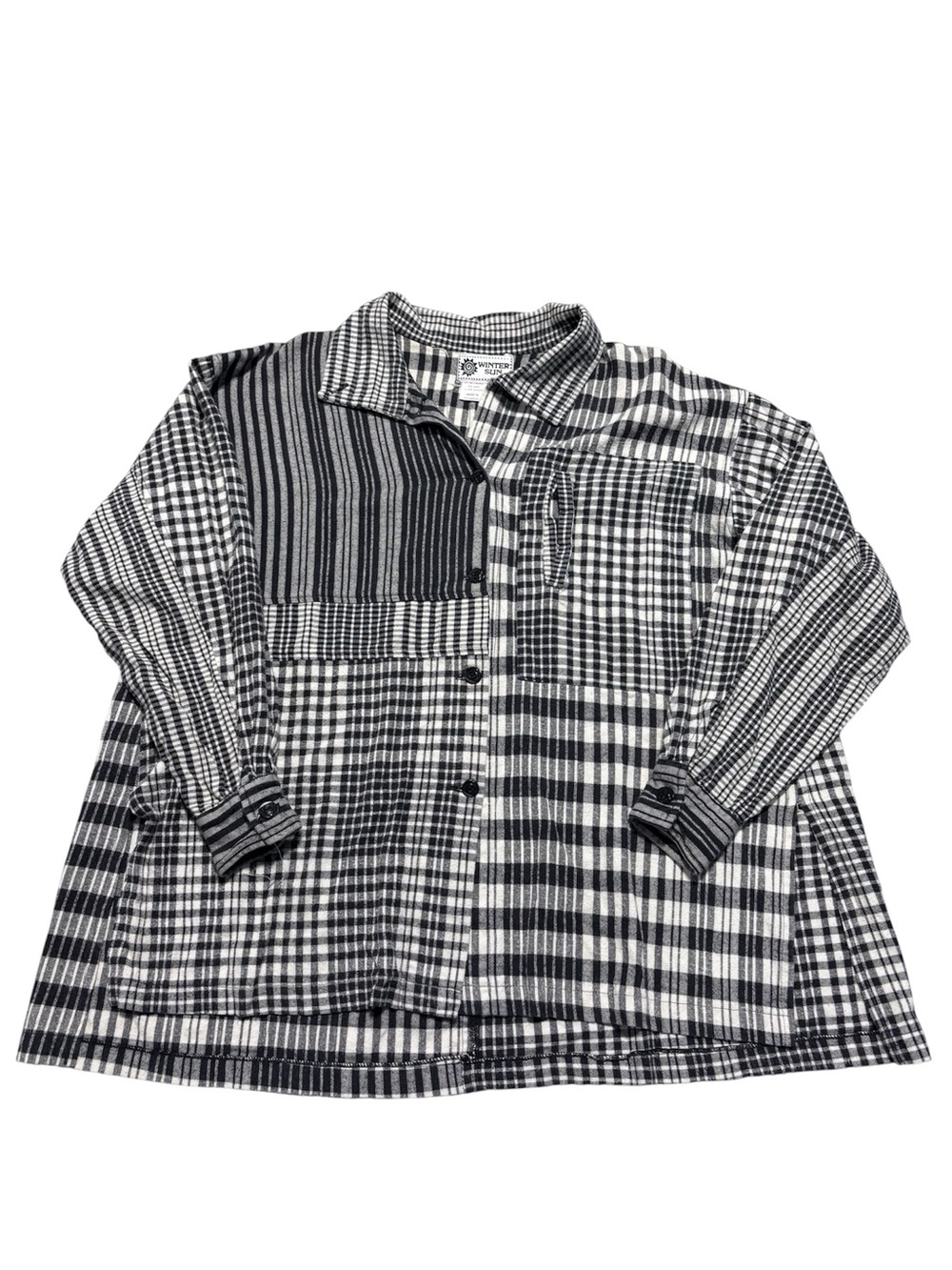 Black & White Mixed Plaid Button-Up Blouse